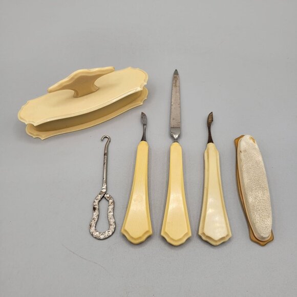 Antique Monogrammed Vanity Set Buffers File Button Hook Cuticle Pushers 6 Pc - Picture 2 of 10